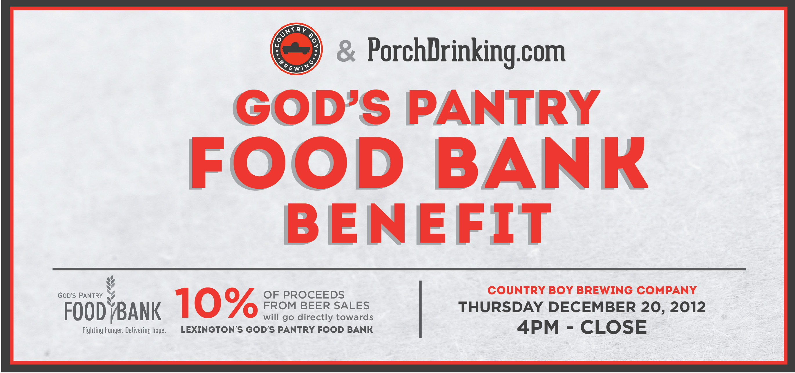 PorchDrinking and Country Boy Brewing God’s Pantry Food Bank Event