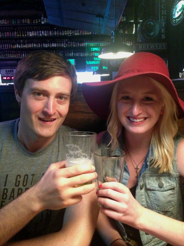 Chelsea Mitchell and Chris Day drinking Go To IPA and Spröcketbier