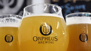 Orpheus glassware inside the taproom. (Jess Baker)
