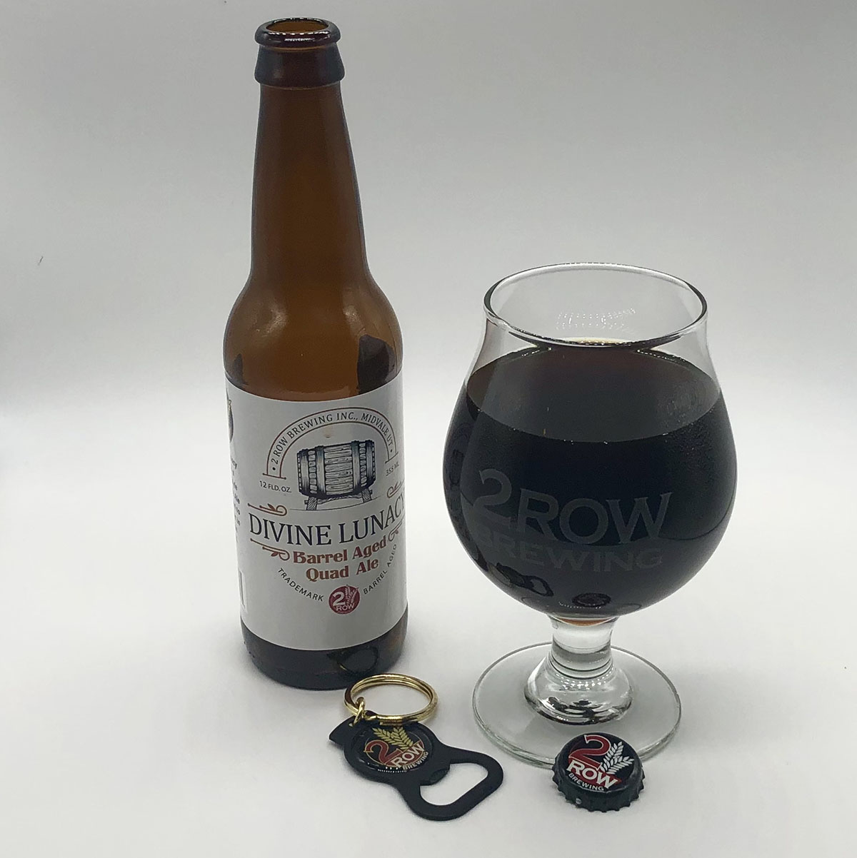 Divine Lunacy, a barrel-aged Belgian Quad by Utah's 2 Row Brewing, clocks in at 11.5% ABV and features aromas of caramel and toffee. Dark, dried fruits are prominent, as is some vanilla, making this a decadent sipper.